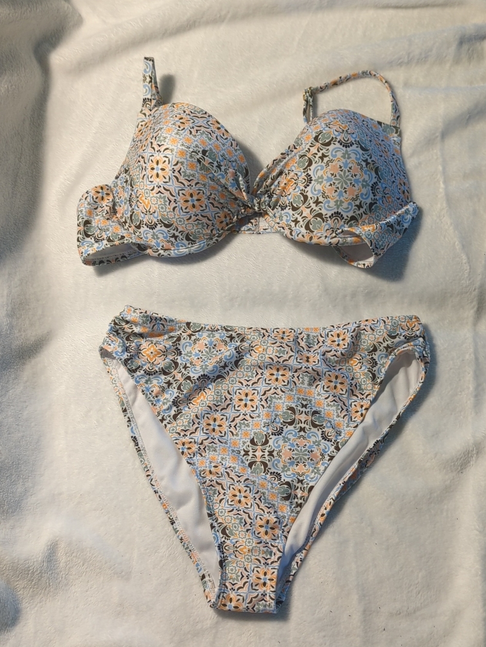 Tile-Print High-Waist Bikini Set - Light Blue & Peach
